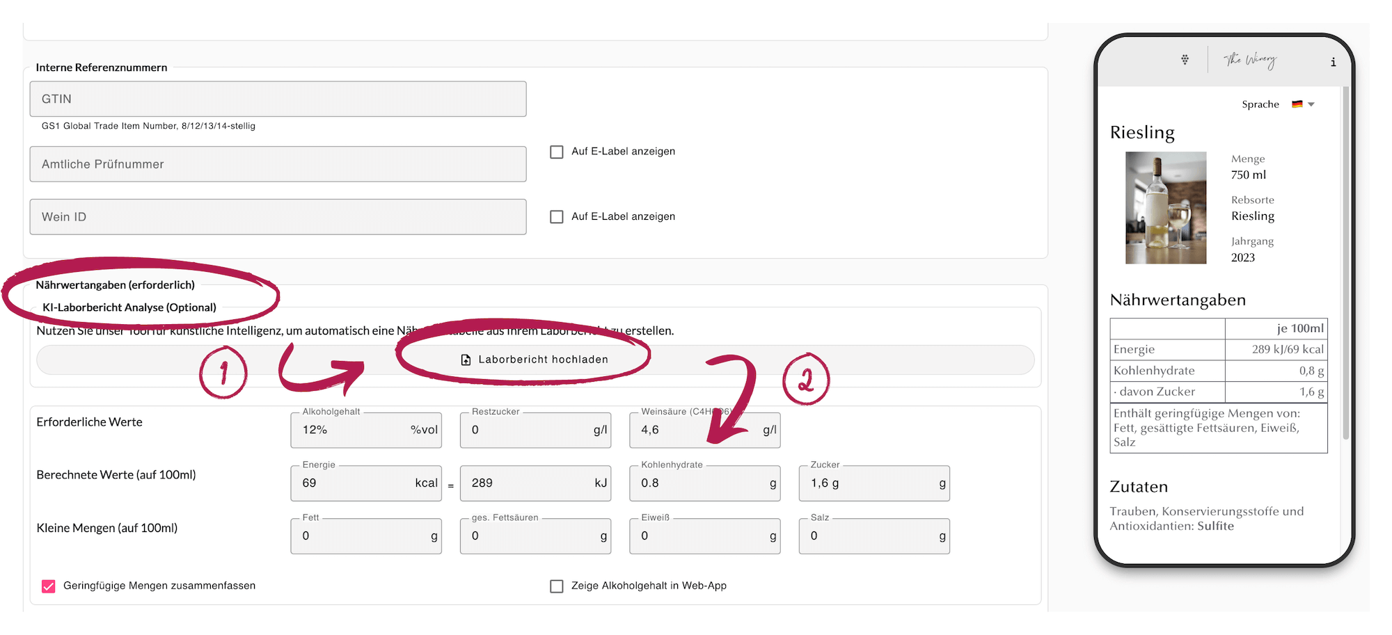 e-label wein: nährwertangaben